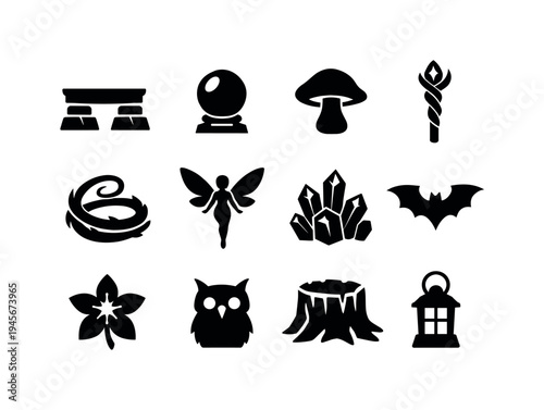 Fantasy icons set with magical elements like crystals, fairy, owl, and bat. A collection of black silhouette icons representing fantasy and magical themes, including nature and
