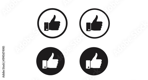 Four circular icons displaying thumbs up gestures black silhouette