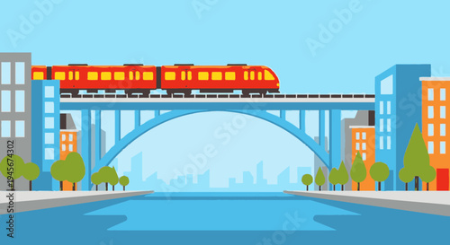 Train Passing Over Bridge Near Buildings.