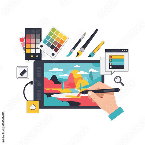 Digital artist drawing landscape on tablet, creative tools, color palette, brushes, graphic design