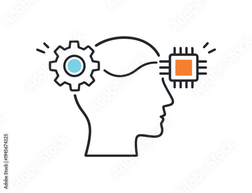 Artificial intelligence concept with human head, gear, and microchip. Conceptual illustration representing artificial intelligence, showing a human head profile connected to a gear