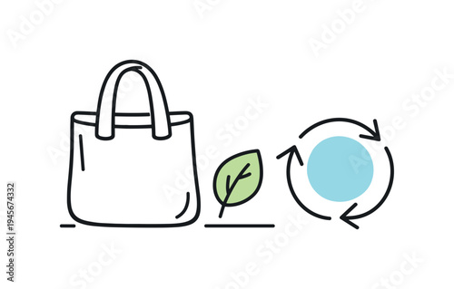 Eco conscious lifestyle and sustainable everyday habits supporting environmental responsibility, a reusable shopping bag beside a small leaf and a circular recycling arrow symbolizing