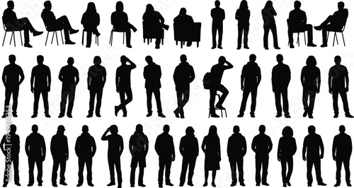 People silhouette collection with men and women standing and sitting in different poses, diverse human characters crowd lifestyle illustration set