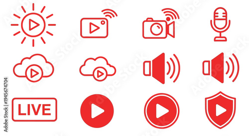 Red linear icons representing media streaming and broadcasting silhouette