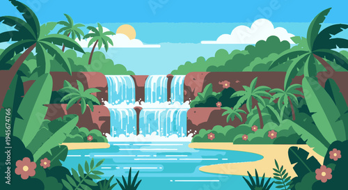 Tropical Waterfall Landscape with Palm Trees and Flowers.