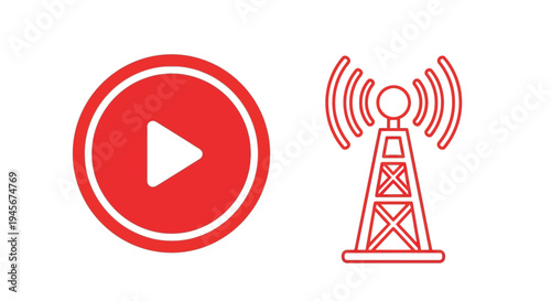 Red play button and radio tower depicted in a flat silhouette
