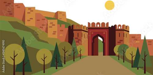 Majestic historical ancient fortress with imposing stone walls and a grand arched gateway situated on lush green rolling hills with tall trees under a bright sun.
