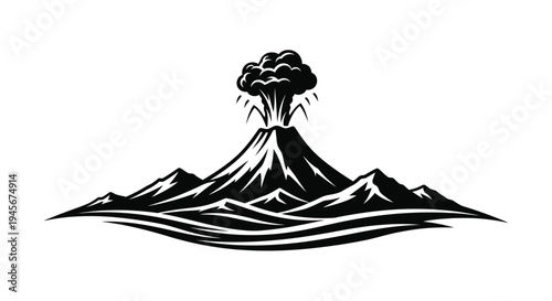 Volcanic eruption with flowing lava and mountainous terrain silhouette