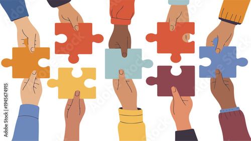 Hands of diverse people raising puzzle pieces symbolizing teamwork collaboration unity and problem solving concept isolated vector illustration