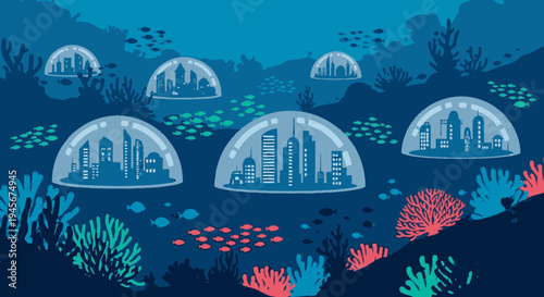 Underwater City Domes with Coral Reef Ecosystem.