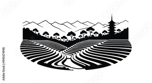 Asian rice terraces with pagoda and mountainous background silhouette