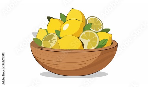 Whimsical wooden bowl with lemons vector for healthy cooking and recipe illustrations