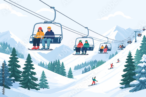 Simple flat vector illustration of people riding chairlifts up snowy mountains at a winter ski resort with skiers on slopes, evergreen pine trees, and majestic alpine peaks in the distance.
