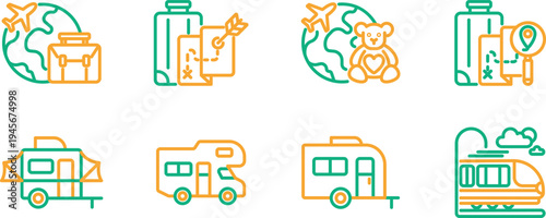 Illustrations of travel, shopping, and recreational vehicles with icons