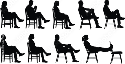 People sitting on chair silhouettes set with men and women relaxing in different seated poses, casual lifestyle posture illustration collection