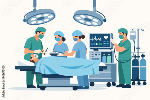 Surgeons and nurses performing medical surgery on a patient in a hospital operating room with surgical lights and heart rate monitor equipment, professional flat vector illustration design.