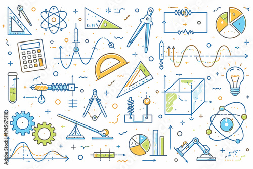 Engineering and Mathematical Formulas and Symbols Vector Illustration. Science, Physics, and Education Icons Set with Calculator, Atom, Gears, Graphs, and Lab Equipment on White Background.