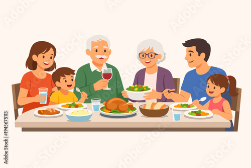 Multi-Generational Family Enjoying a Festive Dinner Together with Grandparents, Parents, and Children Sitting at a Dining Table with Roast Turkey, Salad, and Wine, Flat Vector Illustration.