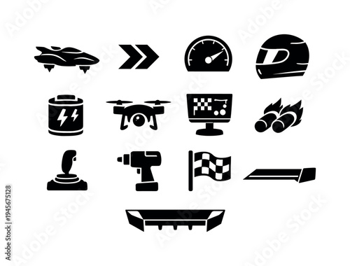 Futuristic racing icons: hovercar, drone, speed, and more. A collection of black icons representing futuristic racing elements like a hovercar, drone, speedometer, helmet, battery