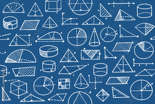 Seamless Pattern of Hand Drawn Geometric Formulas and Mathematical Shapes on a Blue Chalkboard Background; Includes Triangles, Circles, Cylinders, Cones, Cubes, and Diagrams for Education and Science.