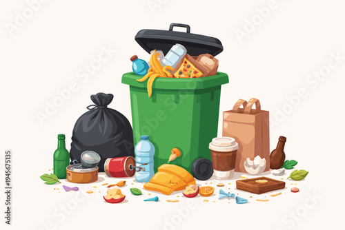 Green Garbage Bin Overflowing with Household Waste, Plastic Bottles, Food Scraps, and Recyclables, Flat Vector Illustration for Environmental Pollution, Waste Management, Recycling Concept