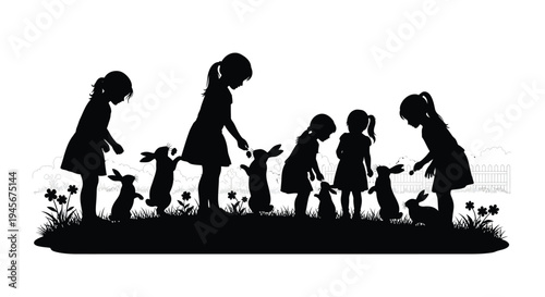 Children interacting with bunnies in a playful dark silhouette