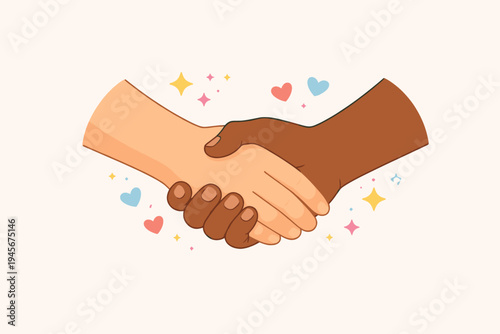 Diverse Handshake Vector Illustration with Hearts and Stars. Flat Design Representing Unity, Friendship, Racial Equality, and Peace. Hands of Different Skin Tones Shaking in Agreement and Love.