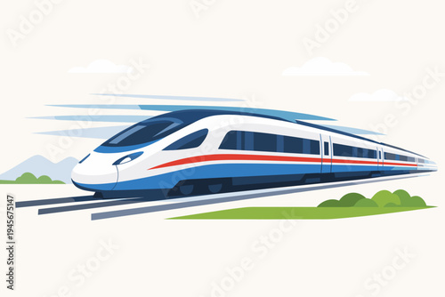 Modern High-Speed Bullet Train Vector Illustration, Sleek Aerodynamic Express Locomotive Traveling on Railway Tracks, Minimalist Flat Design for Transportation and Travel Concepts on White