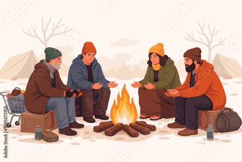 Homeless people gathered around a campfire to keep warm in a winter camp setting. Flat vector illustration of poverty, social issues, and community support during cold weather with tents.