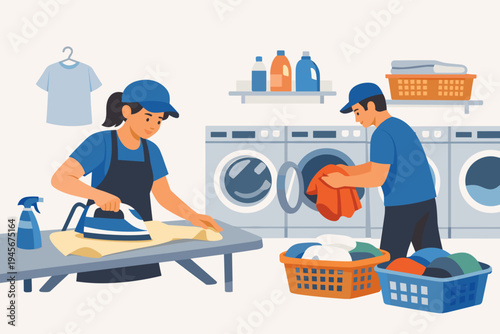 Professional laundry service workers in blue uniforms cleaning clothes in a modern laundromat with washing machines; woman ironing on a board and man loading a washer, flat vector illustration.