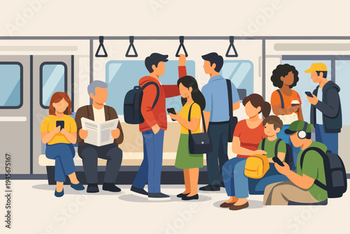 Flat Vector Illustration of Diverse People Commuting on a Metro Train, Passengers Sitting and Standing in a Subway Car Using Smartphones, Reading Newspaper, and Traveling in the Urban City.