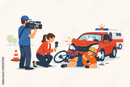 News Crew Reporting Live from a Traffic Accident Scene where a Red Car Collided with a Bicycle, Injured Cyclist Lying on the Ground, Ambulance and Cameraman, Simple Flat Vector Illustration.