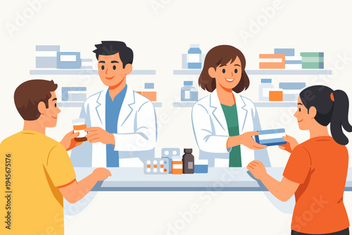 Professional Male and Female Pharmacists in White Lab Coats Selling Prescription Drugs and Medicine to Diverse Customers at a Pharmacy Counter, Healthcare Service Concept Flat Vector Illustration.
