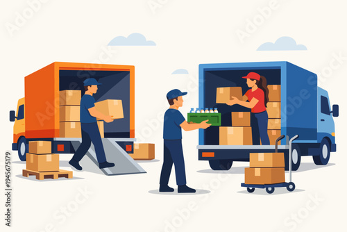Professional Logistics Team of Male and Female Workers Loading and Unloading Cardboard Boxes and Goods into Delivery Trucks for Shipping and Distribution. Flat Vector Illustration Concept.