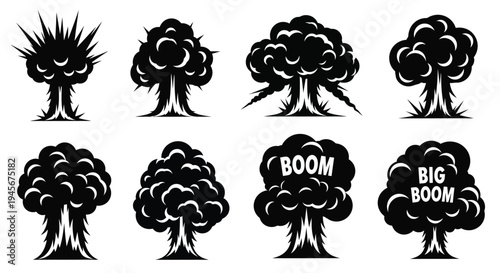 Collection of explosive cloud shapes in stark black silhouette