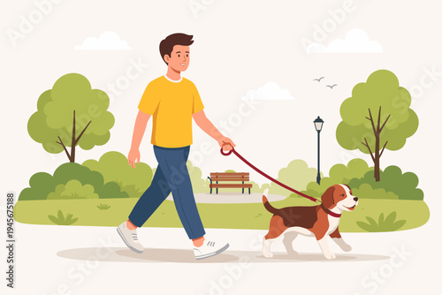 Happy young man walking his beagle dog on a red leash through a beautiful sunny public park with green trees, bushes, a wooden bench, and a lamp post. Simple flat vector illustration design.
