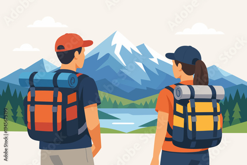 Flat Vector Illustration of a Man and Woman Backpacker Couple Standing and Looking at a Beautiful Mountain Landscape with Snow-Capped Peaks, a Blue Lake, and Pine Forest during a Hiking Adventure