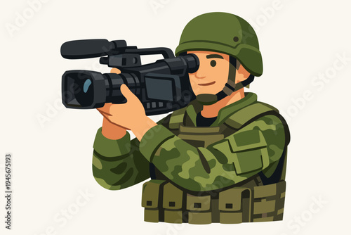 Military Journalist in Camouflage Uniform and Helmet Holding a Professional Video Camera to Record Footage, Flat Vector Illustration of a Combat Cameraman or War Correspondent Reporting News