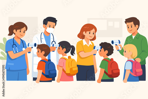 Medical staff and teachers checking students' temperatures with infrared thermometers for school safety and health screening during pandemic prevention, flat vector illustration design.