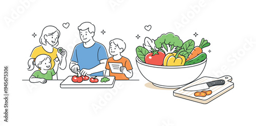Family happily preparing a healthy salad together in the kitchen. A mother, father, and two children are engaged in cooking, chopping vegetables and mixing ingredients for a fresh
