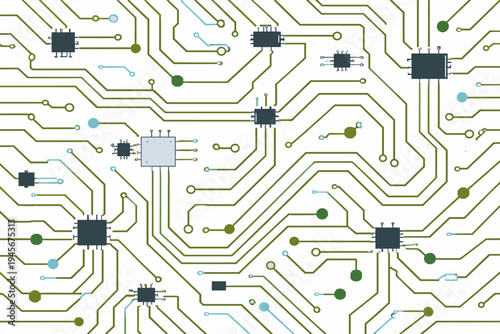 Seamless Electronic Circuit Board Pattern on White Background. Flat Vector Illustration of Microchips, Integrated Circuits, and Motherboard Traces for Technology, Computing, and Digital Design.