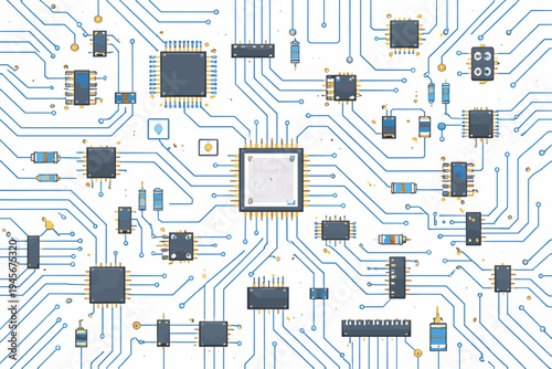Seamless Motherboard Circuit Board Pattern with Microchips, Processors, and Blue Conductive Traces on White Background. Flat Vector Illustration for Technology, Computing, and Engineering Design.