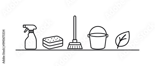 Cleaning supplies icons: spray bottle, sponge, broom, bucket, and leaf. A minimalist line art illustration depicting essential cleaning tools and an eco-friendly leaf symbol