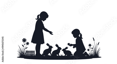 Children interacting with rabbits in a garden black silhouette