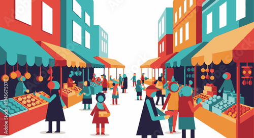 Vibrant Market Scene with People Shopping.