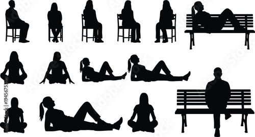 People sitting silhouettes collection, men and women relaxing on chair, floor and park bench, casual resting poses, lifestyle posture set isolated illustration