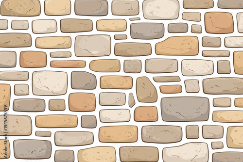 Simple Flat Vector Illustration of a Stone Wall Pattern with Various Shaped Rocks in Earth Tones on a White Background, Ideal for Masonry Textures, Architectural Backgrounds, and Tile Wallpapers
