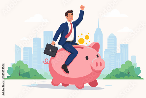 Happy Businessman in Blue Suit Riding a Large Pink Piggy Bank with Gold Coins on a Cityscape Background, Concept for Financial Success, Wealth Growth, Savings, Investment, and Economic Prosperity.