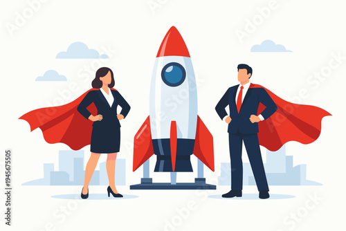 Superhero Businesswoman and Businessman in Suits with Red Capes Standing by a Rocket Ship, Representing Startup Success, Leadership, Ambition, and Corporate Growth in a Modern Flat Vector Style.