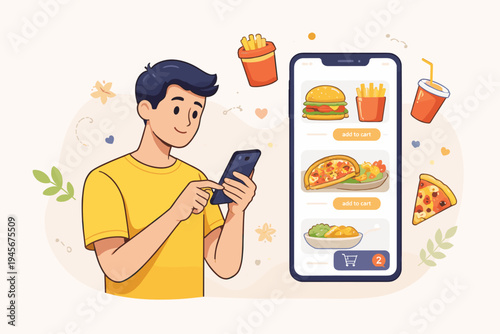 Young Man Using Smartphone for Online Food Delivery Service, Ordering Burger Pizza and Fries via Mobile App Interface, Simple Flat Vector Illustration for Digital E-commerce and Modern Lifestyle